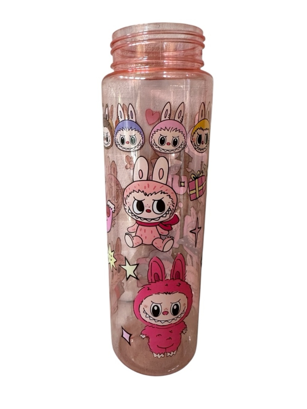 New Labubu Clear Pink Plastic 8” Water Bottle w/ Separate Straw/Strap 28oz 820ml - Picture 3 of 6